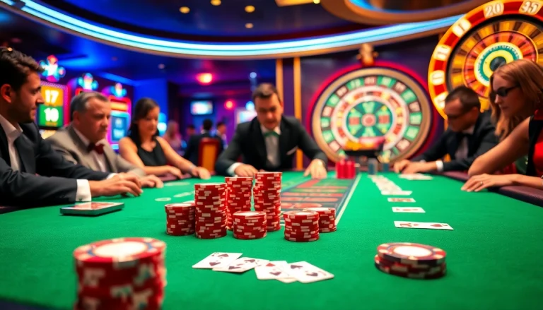 Players engage in an exciting game at a luxurious casino table featuring https://2haywin.art/ poker chips and cards.