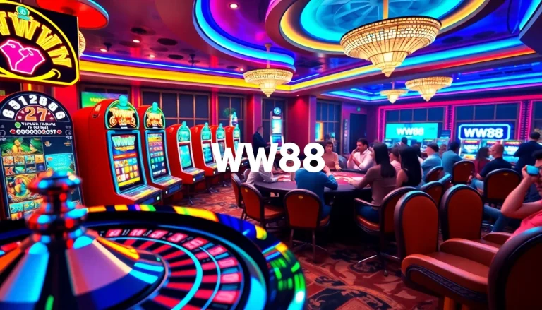 WW88 casino players excitedly engage with slot machines and roulette under vibrant lights.