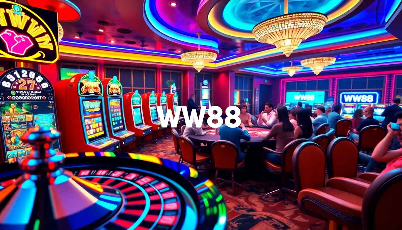 WW88 casino players excitedly engage with slot machines and roulette under vibrant lights.