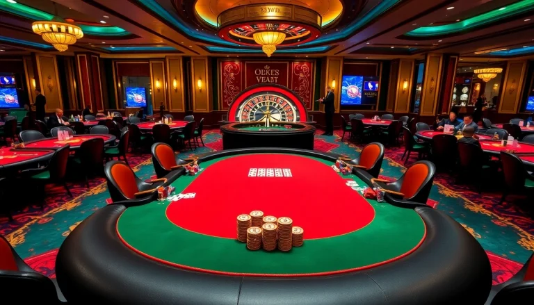 Players engaging at the 33win poker table, with vibrant casino ambiance and luxury decor.