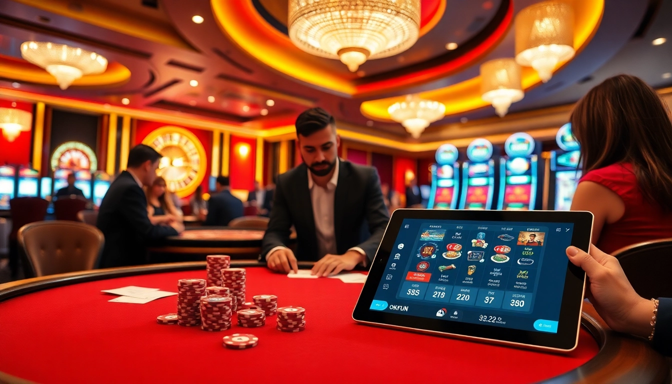 Experience the thrill of high-stakes poker at OKFUN casino with elegant tables and vibrant decor.
