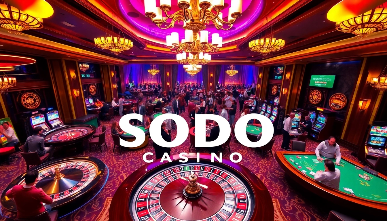 SODO Casino betting excitement with poker tables, vibrant roulette wheels and colorful chips.