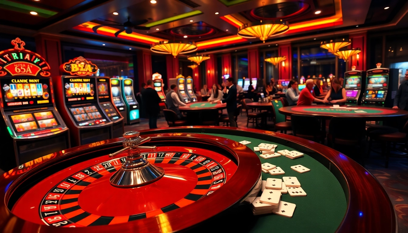 An engaging scene of players enjoying lively games at the 65A casino, showcasing vibrant roulette table action and slot machines.