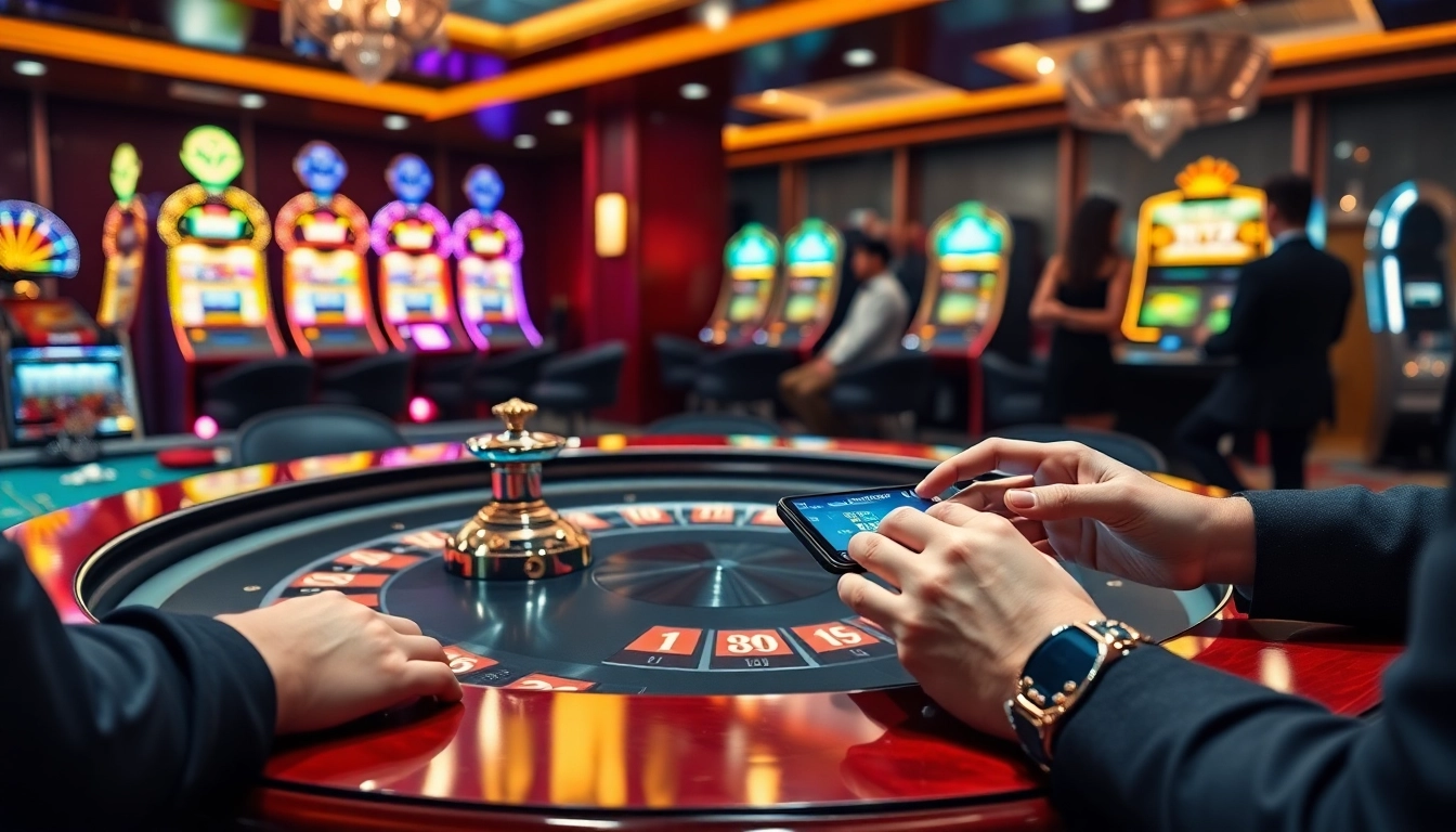S8 casino players engaging with high-tech interfaces and vibrant roulette tables.