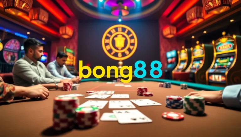 Bong88 casino players excitedly engaged at a vibrant gaming table with cards and chips.