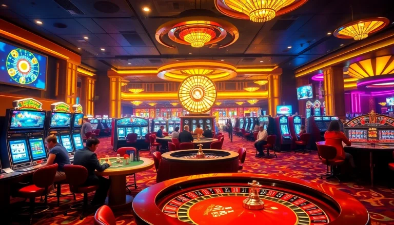 Experience the vibrant energy of fun79's luxury casino gaming scene featuring poker tables, roulette wheels, and slot machines.