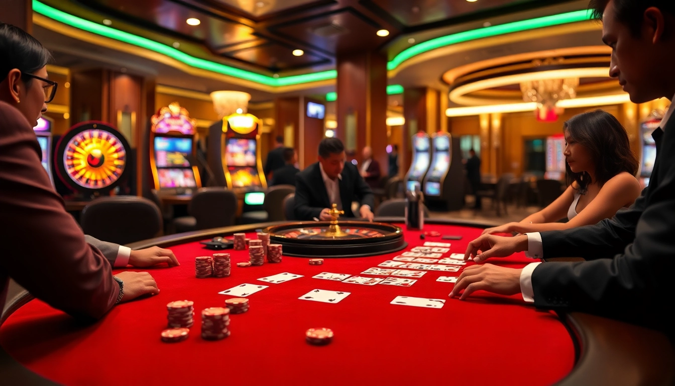 NK88 casino excitement with players at a vibrant poker table and roulette wheel.