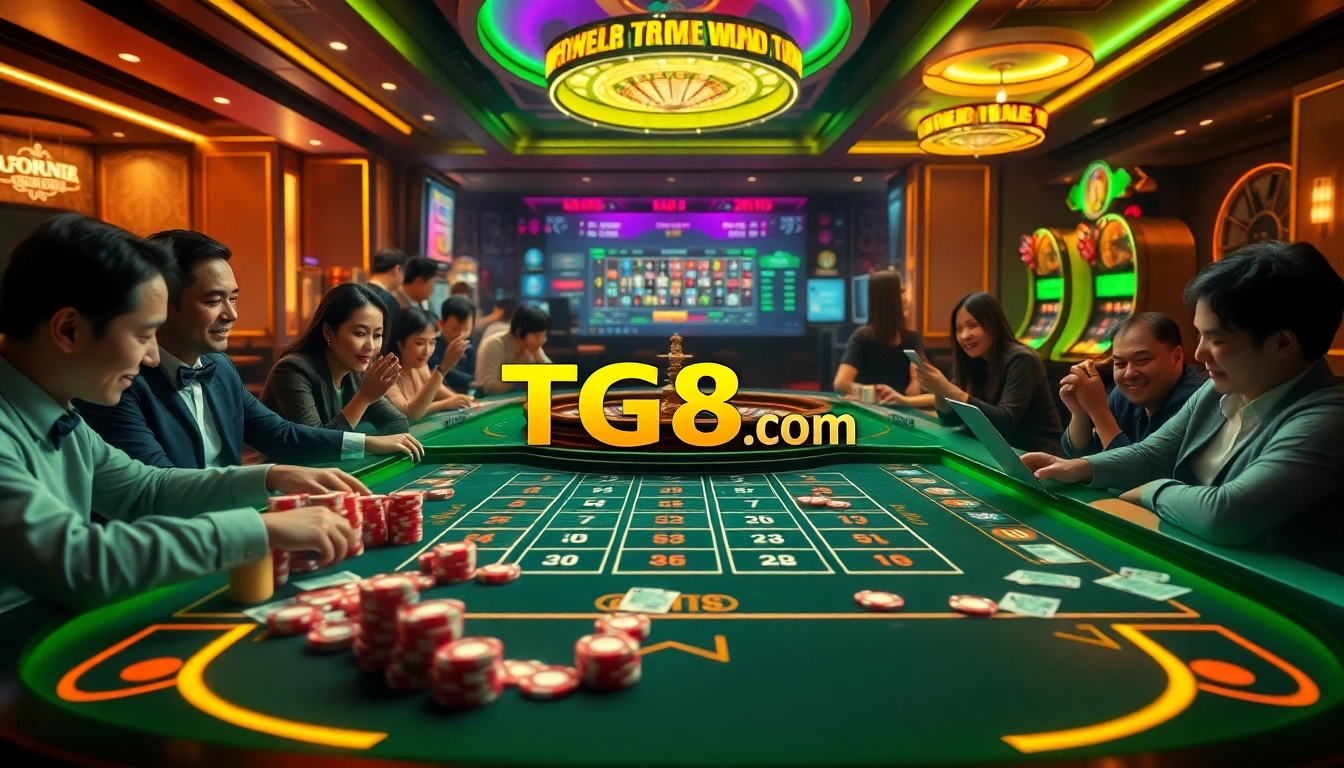 Experience the thrill of online gambling at TG88 com with an exciting casino scene featuring vibrant gaming tables and modern technology.