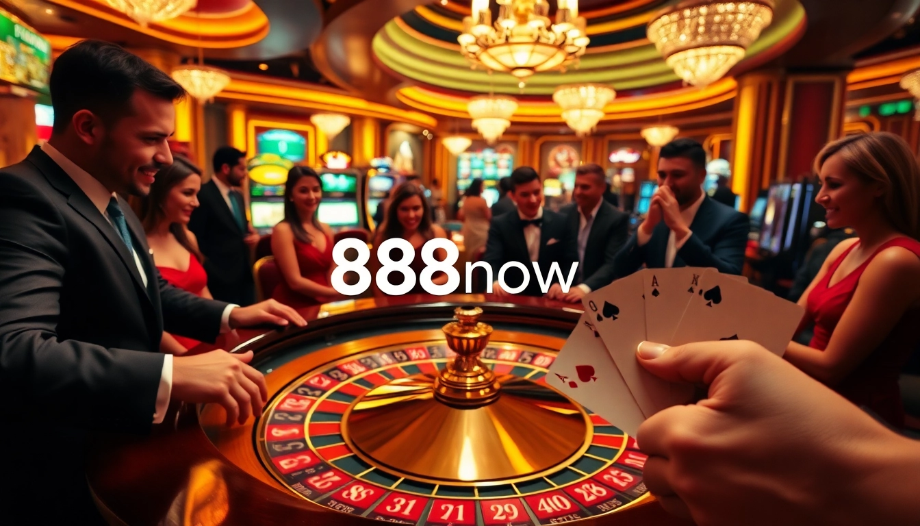 Exciting casino environment with a roulette table and players engaging at 888now.