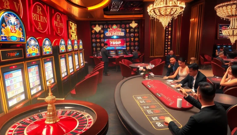 Experience excitement at a casino featuring 789P-themed poker tables and glowing slot machines.