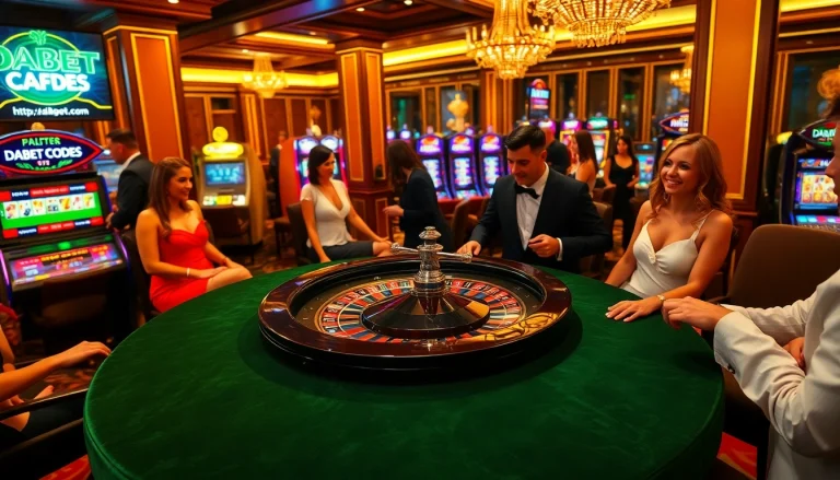 Experience the thrill of betting at https://dabet.codes/ with casino players at a roulette table.