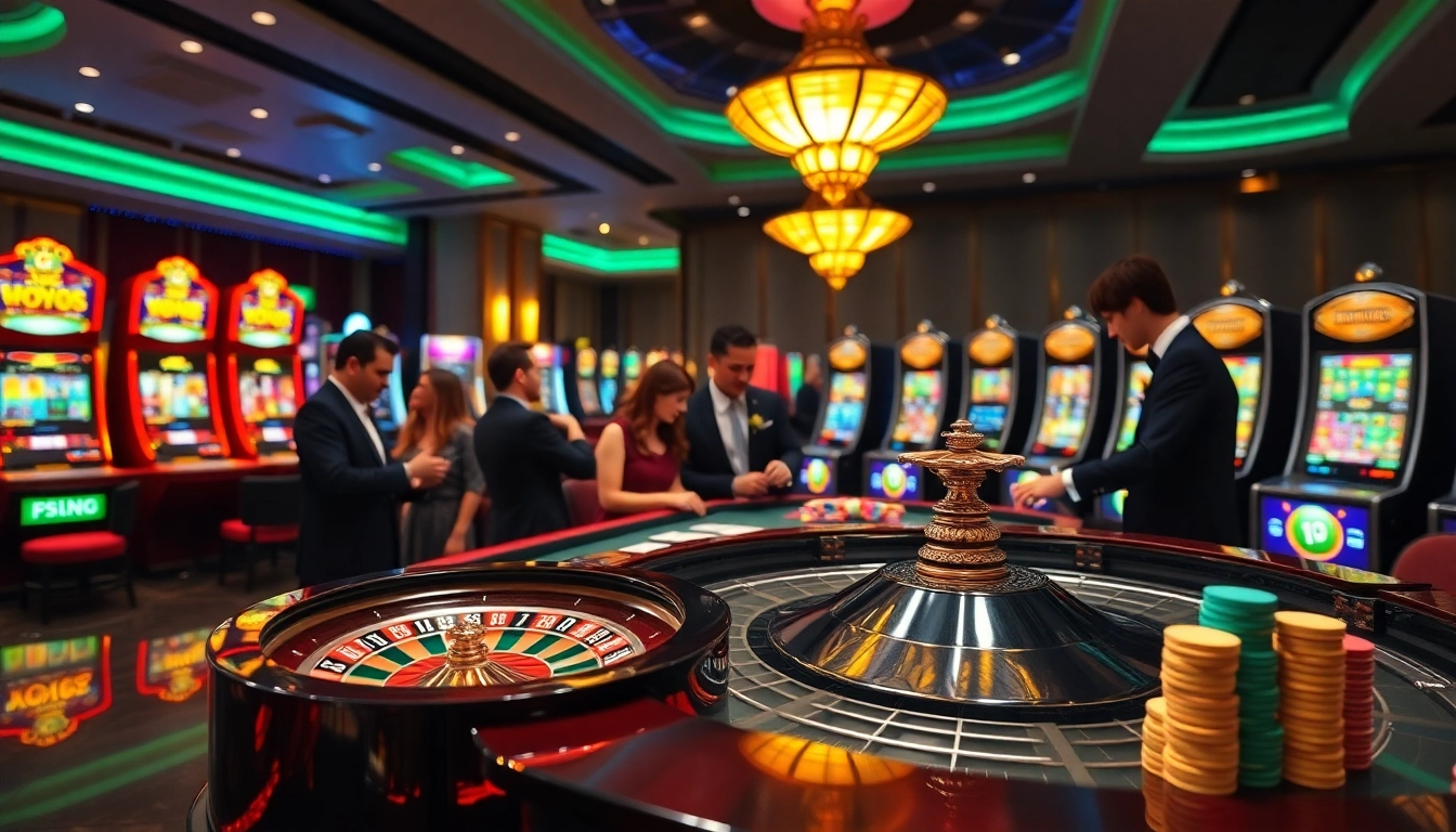 Players enjoying an exciting moment at https://xx88casino.com/ with glamorous casino tables and vibrant slot machines.