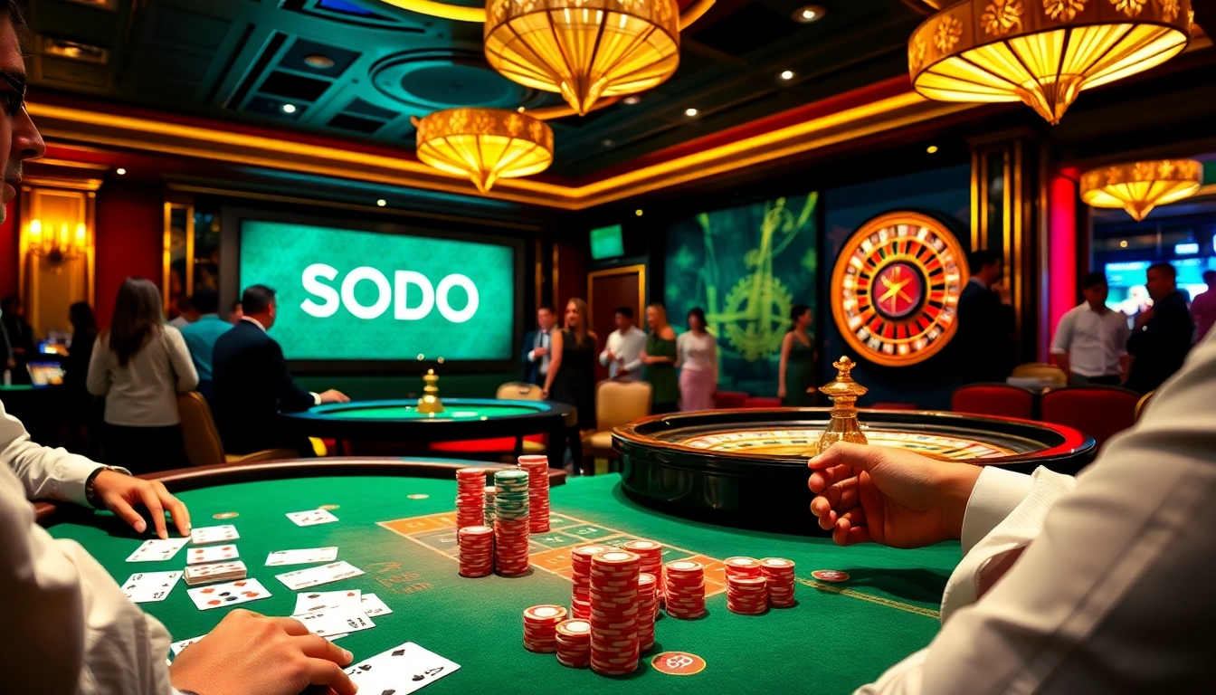 Experience high-stakes gaming at SODO Casino with exciting poker tables and vibrant atmosphere.