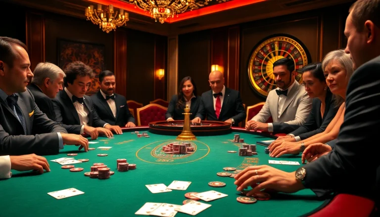 High-stakes poker players engage with j88-themed gambling elements in a luxurious casino setting.