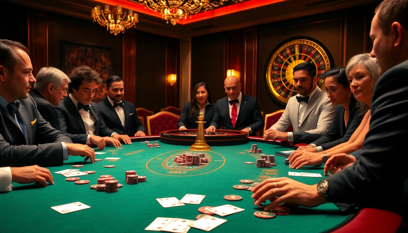 High-stakes poker players engage with j88-themed gambling elements in a luxurious casino setting.