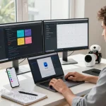 Moltbot AI assistant in a modern home office, managing tasks with dual monitors and vibrant workspace elements.