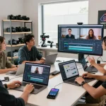 Collaborative team utilizing Seedance 2.0 for AI-driven video production in a bright workspace.