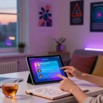 Engaging in AI sex chat on a tablet in a cozy home office.
