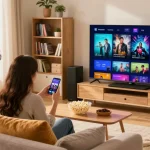 Pikashow APK download showcased on mobile device in a cozy living room with a couple enjoying streaming movies on TV.