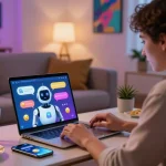 Engaging scene showcasing a lively ai sex chat interaction on a sleek laptop in a cozy modern setting.