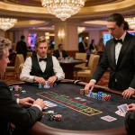 MM88 players strategizing at an upscale blackjack table in a Las Vegas casino.