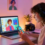 Engaging spicy chat scene with diverse individuals using devices, showcasing digital interaction and AI elements.