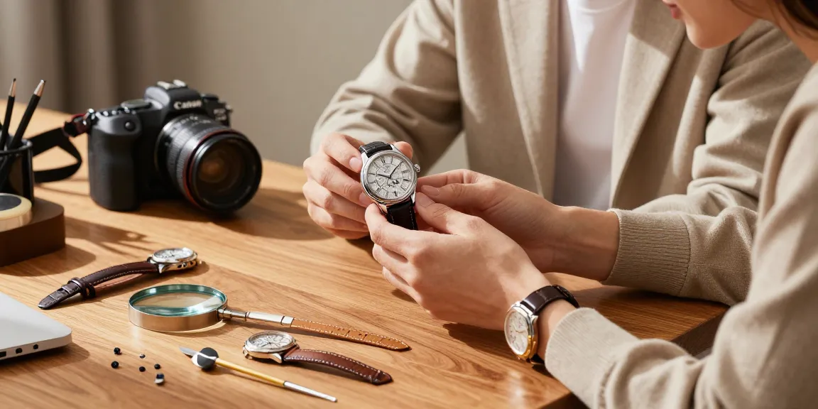 Inspecting premium replica watches with elegant accessories in a stylish setting.